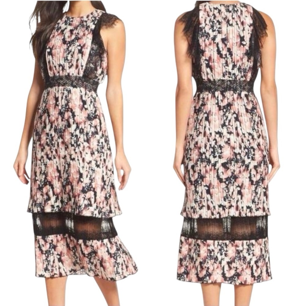 NEW Foxiedox Jasmine Lace Flutter Sleeve Pleated Floral Midi Dress Black Pink M